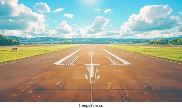 Airport Runway Under Sunny Sky Landscape