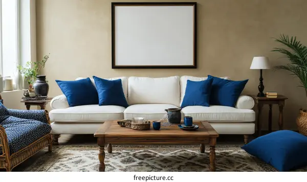 Modern Living Room Interior Design with White Sofa and Wooden Coffee Table