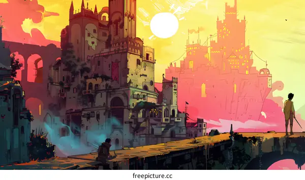 Fantasy Cityscape with Two People Standing on Bridge