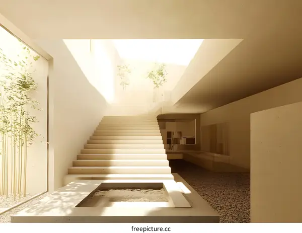 Minimalist Modern House Interior Design With Staircase and Water Feature