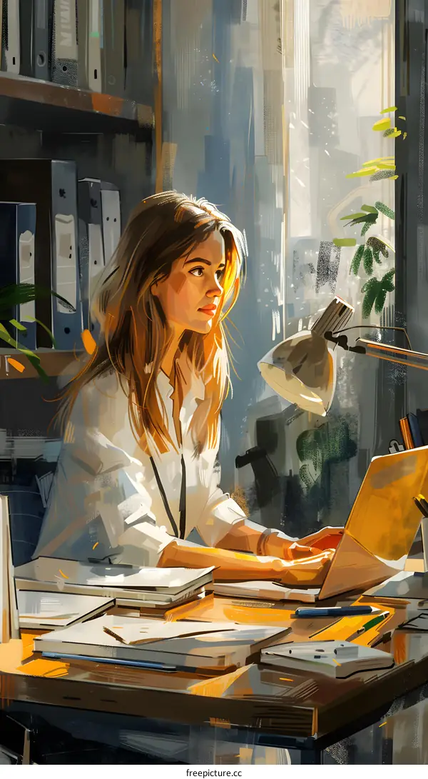 girl working on laptop in office