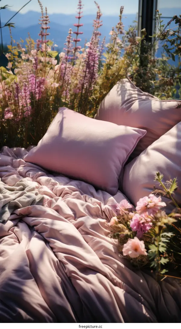 Relaxing Bedding and Pillows in a Floral Field