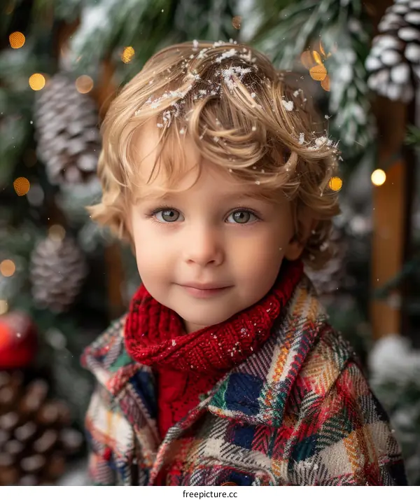 Portrait of a cute little boy with blond hair and green eyes in front of a Christmas tree