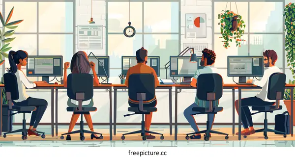 Team of People Working at Computers in Modern Office