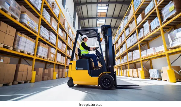 A warehouse worker operates a forklift in a warehouse.
