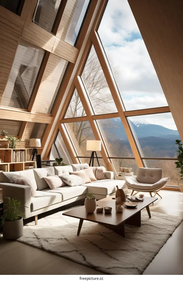 A-frame cabin living room with large windows and a beautiful mountain view