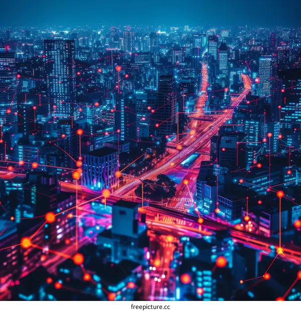 A bustling metropolis at night with a network of glowing connections between buildings