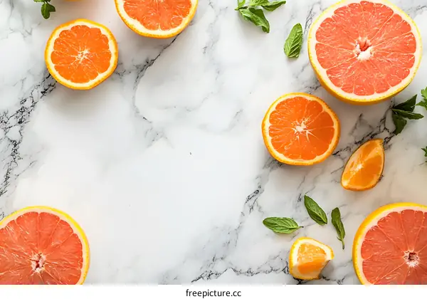 Fresh Grapefruit and Orange Slices on Marble Background