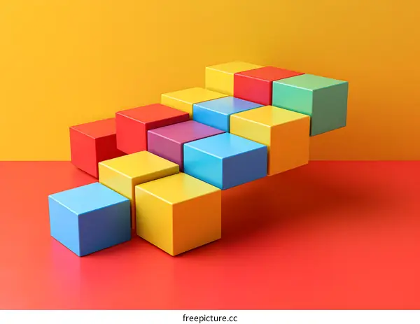 Colorful 3D Cubes Staircase on Red and Yellow Background
