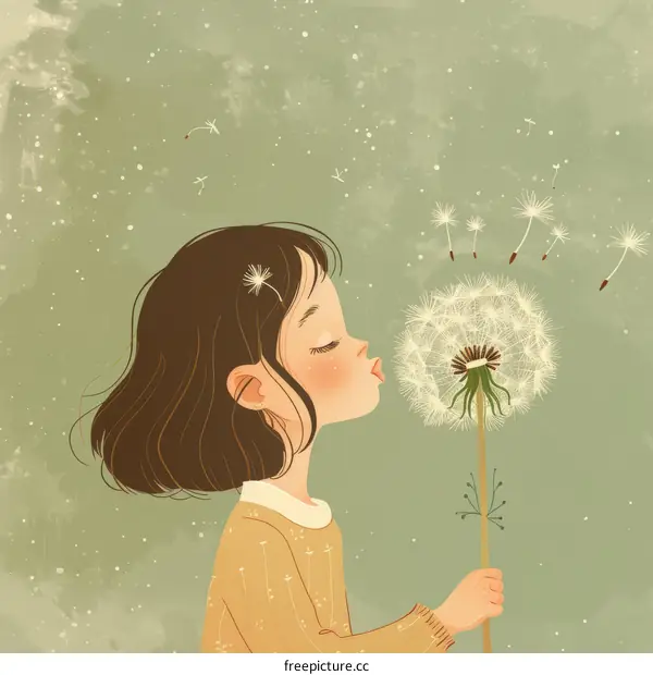 Little girl blowing dandelion illustration