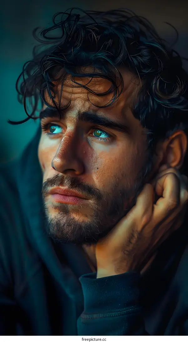 Contemplative Young Man with Curly Hair