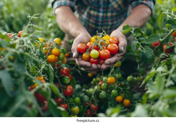Farmer holding a handful of ripe tomatoes in a field