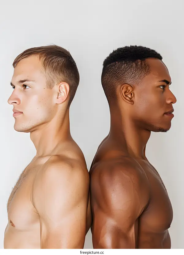 Two muscular men with their backs to each other