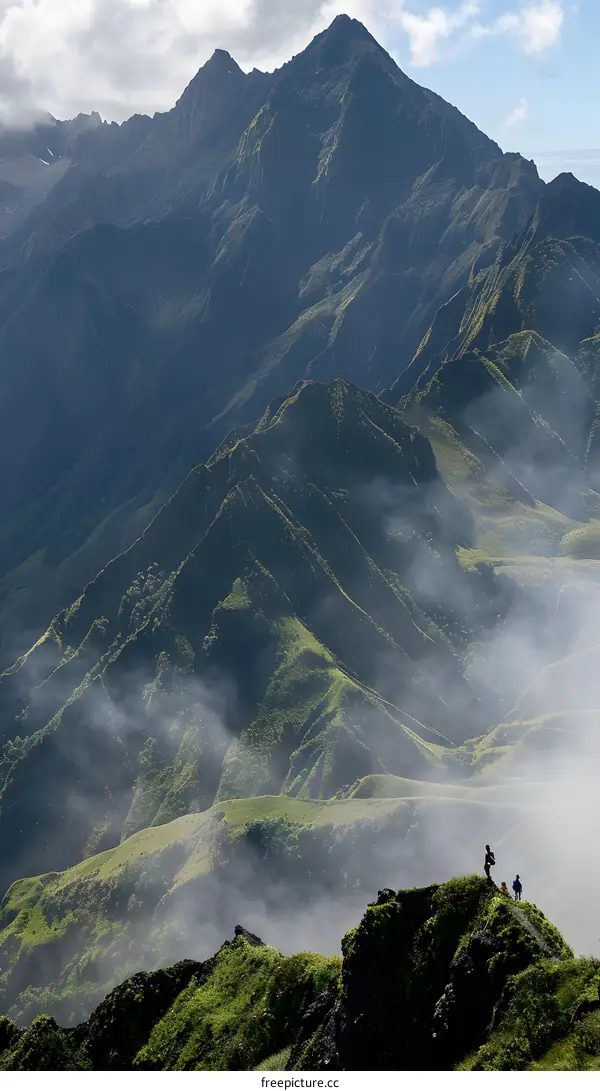 Misty Mountain Ridge with Hikers in the Background