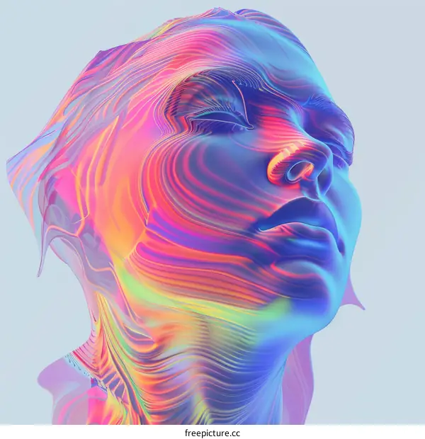 3D rendering of a woman's face with a colorful, wavy pattern