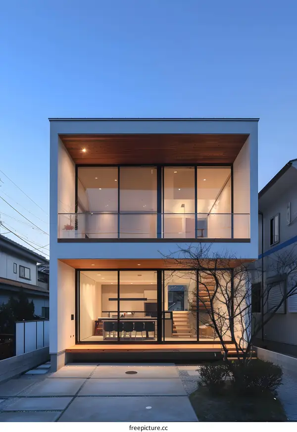 Modern Two Story House with Large Windows and Wooden Deck