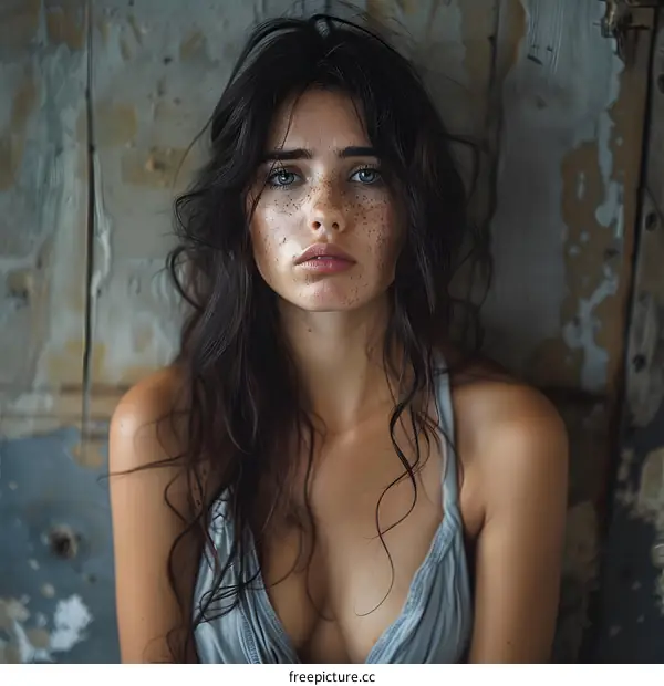 portrait of a beautiful young woman with freckles on her face
