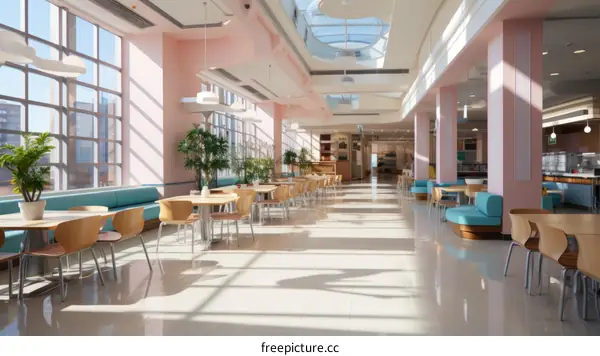 Pink and blue retro futuristic diner interior with large windows