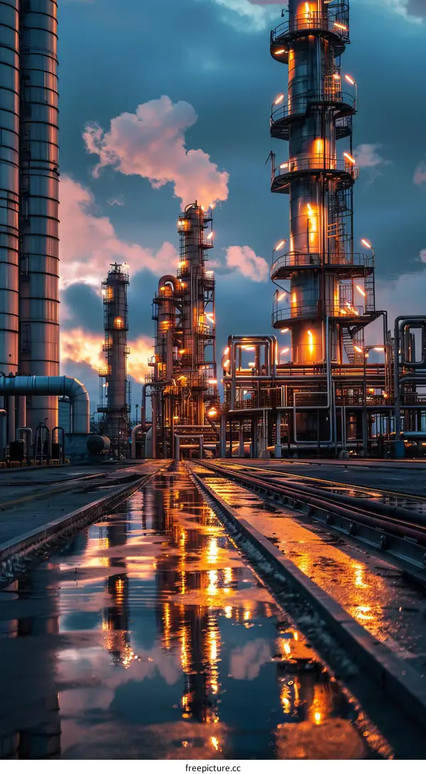 Lit Oil Refinery In Twilight with Beautiful Cloudy Sky