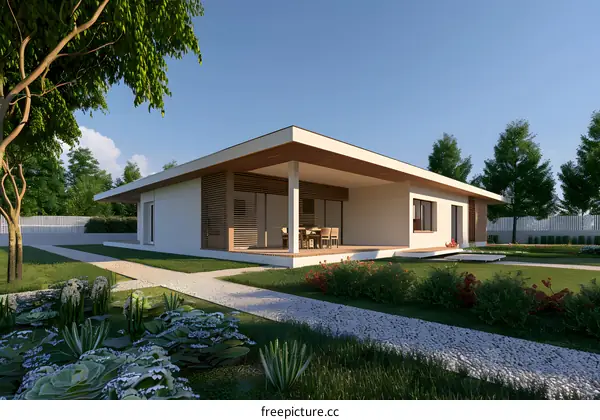 Modern House with Wooden Accents and Landscaping