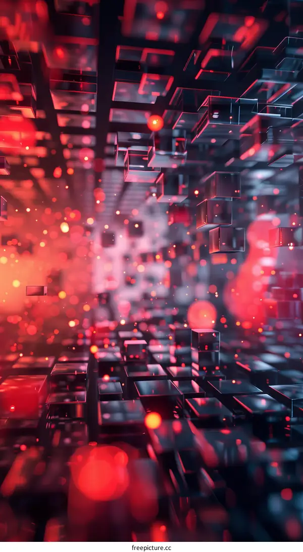 Red and black 3D rendering of a structure made of cubes