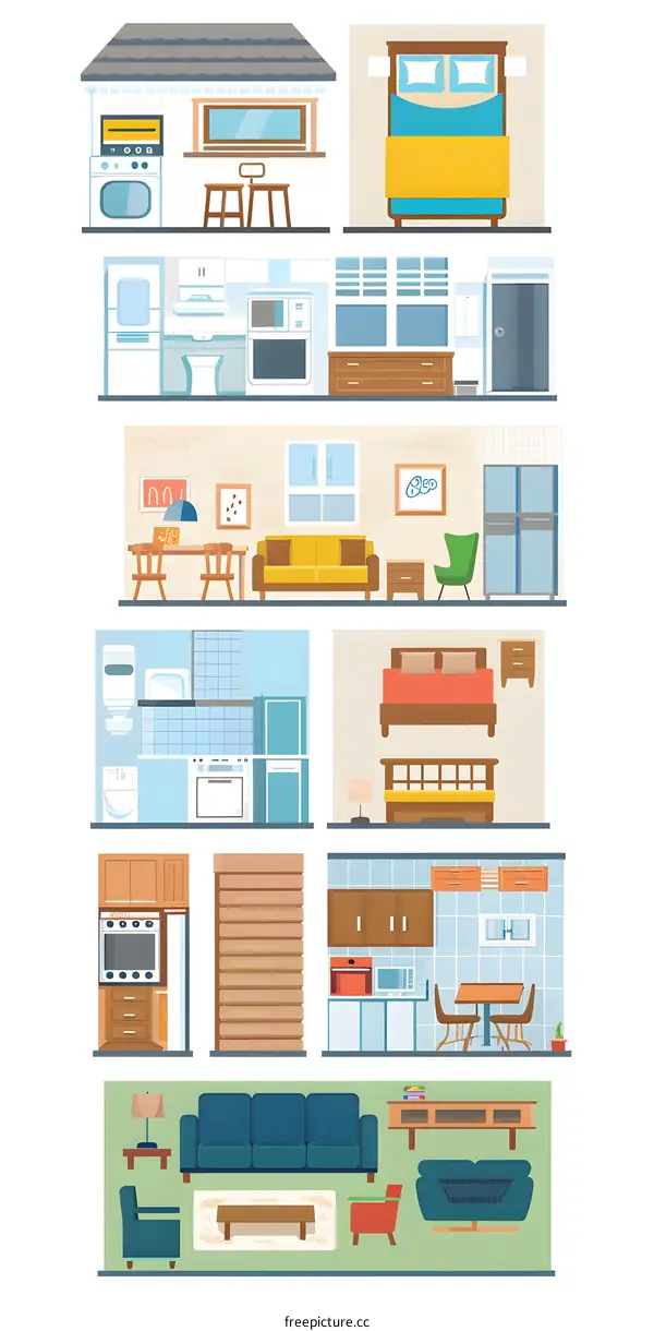 Illustration of Different Rooms in a Home