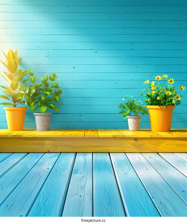 Blue Wooden Wall with Plants in Pots