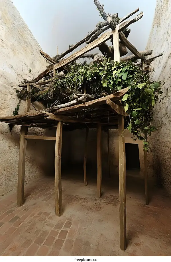 Wooden Structure Inside Old Building with Ivy