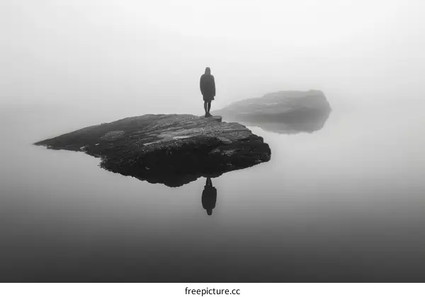 Solitude in the Mist: A Figure on a Lake Rock