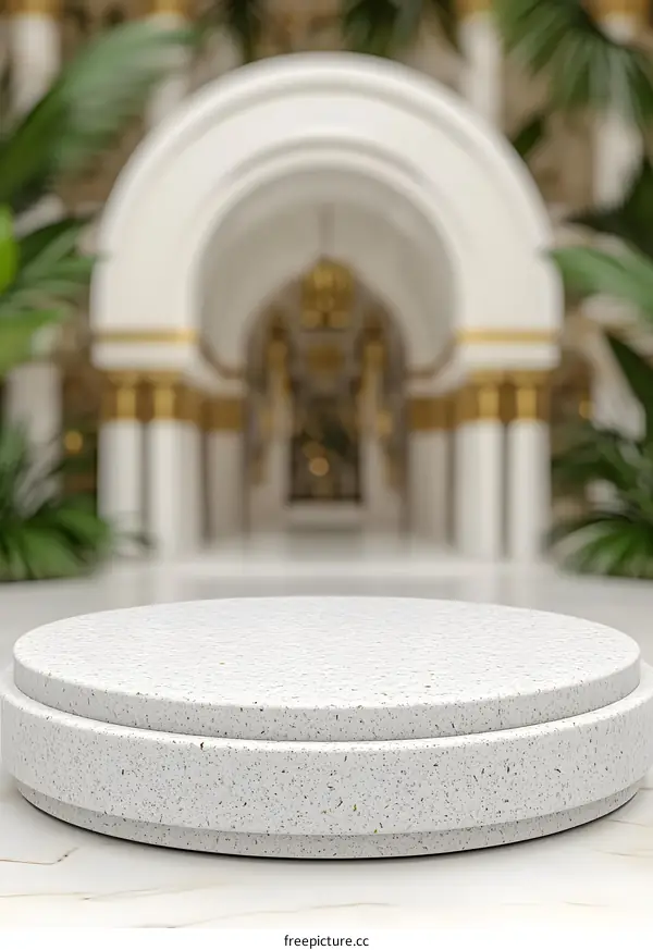White Marble Pedestal With Blurry Background of Archway and Greenery