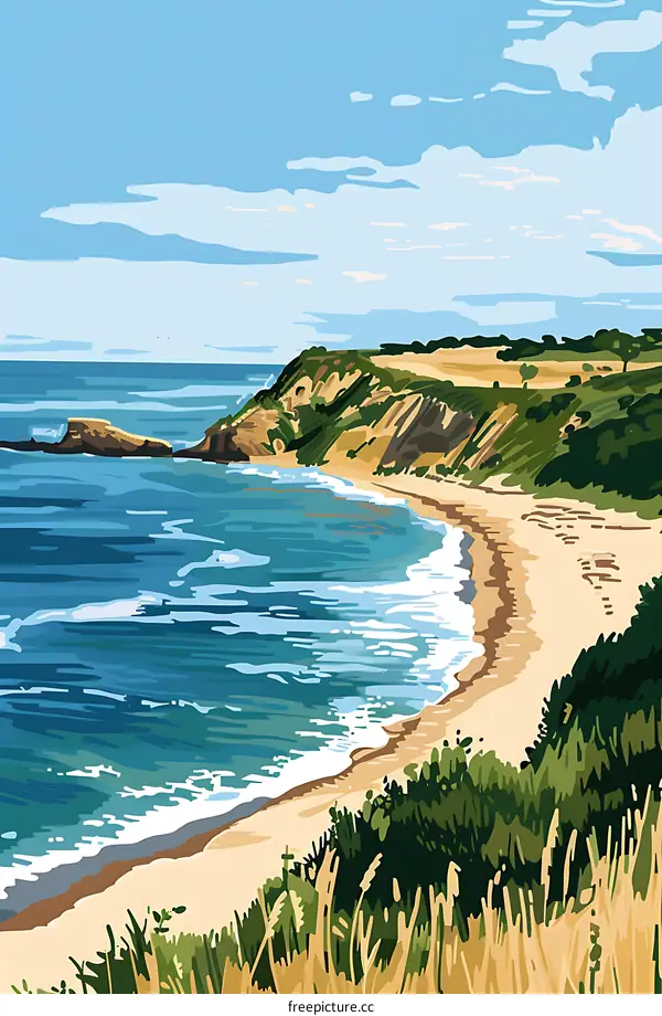 Coastal Landscape Illustration With A Beach And Ocean