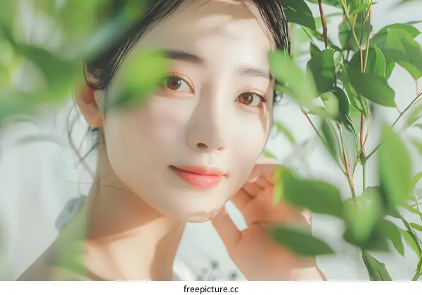 Close Up Portrait of Asian Woman with Green Leaves