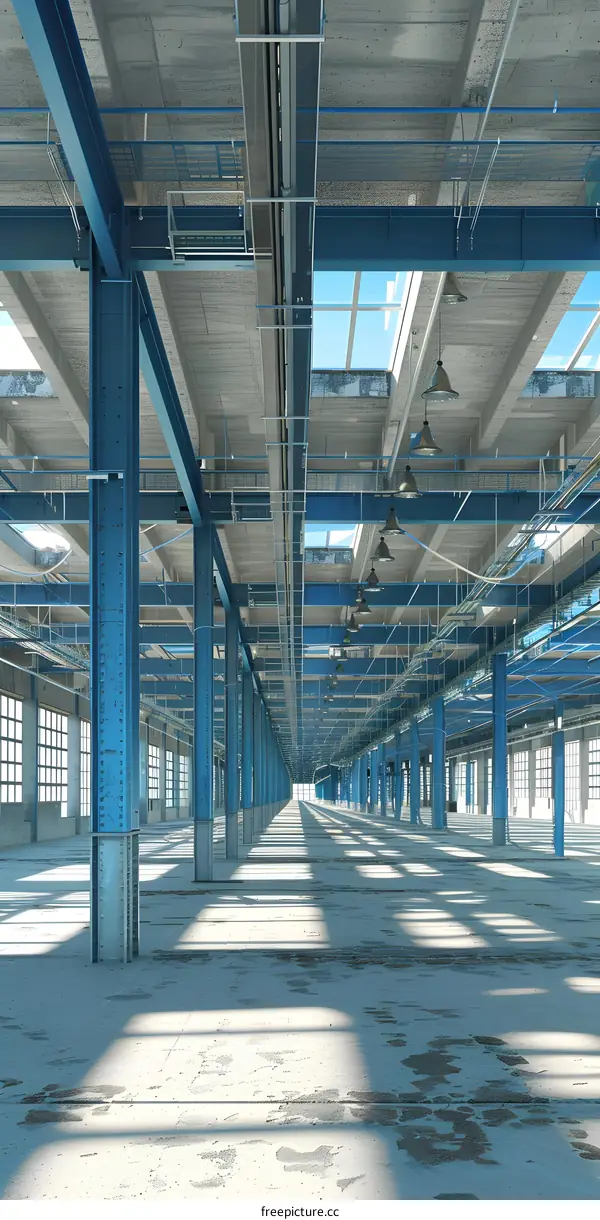 Industrial Interior Design, Empty Factory Building With Blue Steel Beams And Concrete Floor