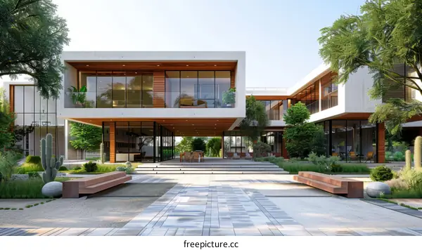 Modern Courtyard House with Large Glass Windows