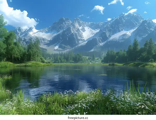 Majestic Mountains, Serene Lake and Vibrant Flowers