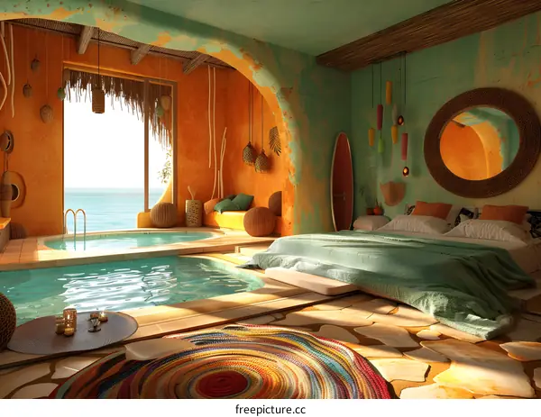 A bedroom with a private pool and a view of the ocean