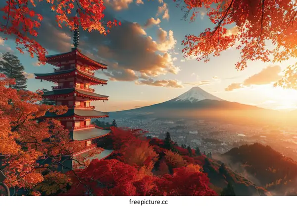 Mount Fuji and Pagoda in Autumn Colors