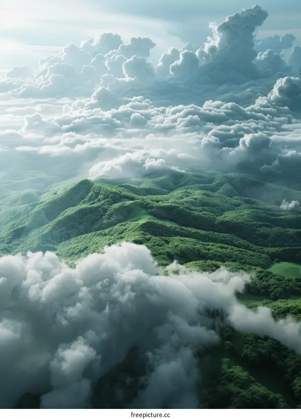 Green Mountains and Fluffy Clouds in a Summer Landscape