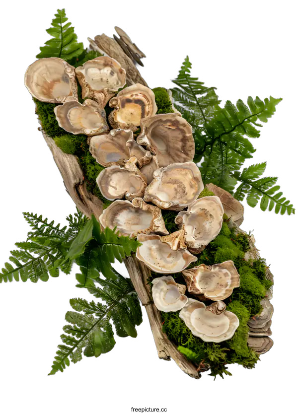 [Transparent Background PNG]Dried Oyster Mushrooms on a Log with Ferns