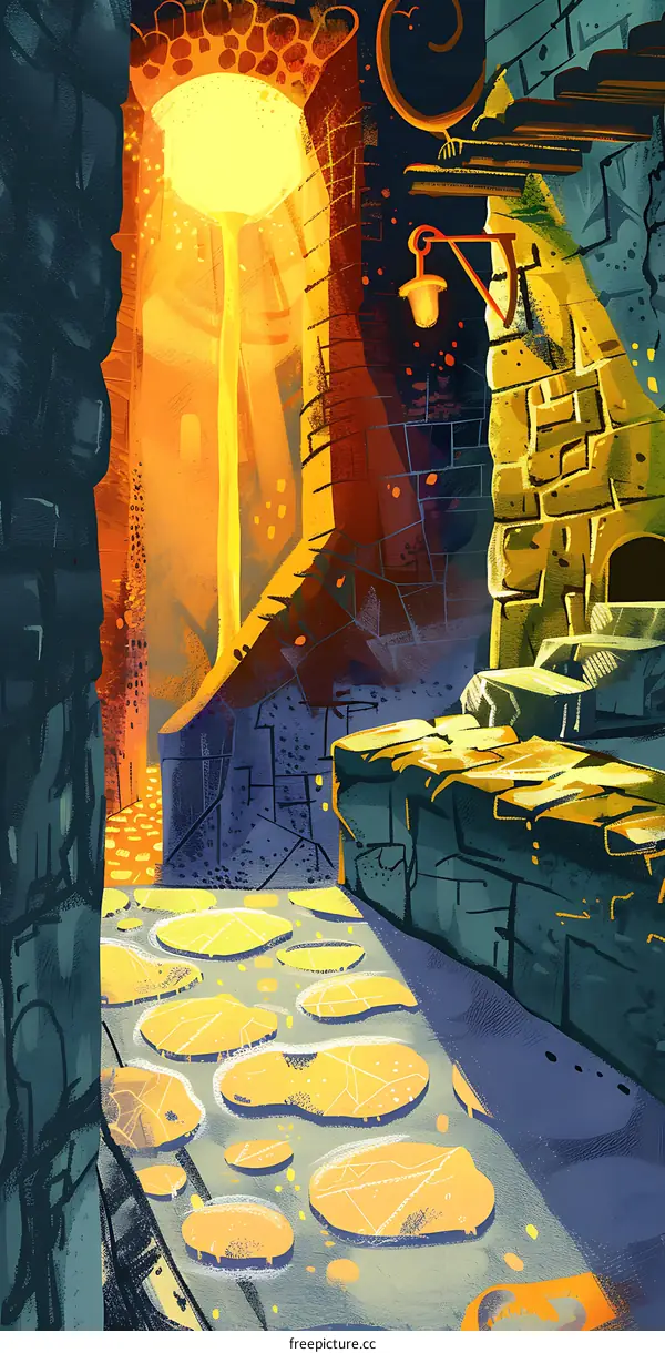 Fantasy Cityscape with Stone Walls and a Golden Light
