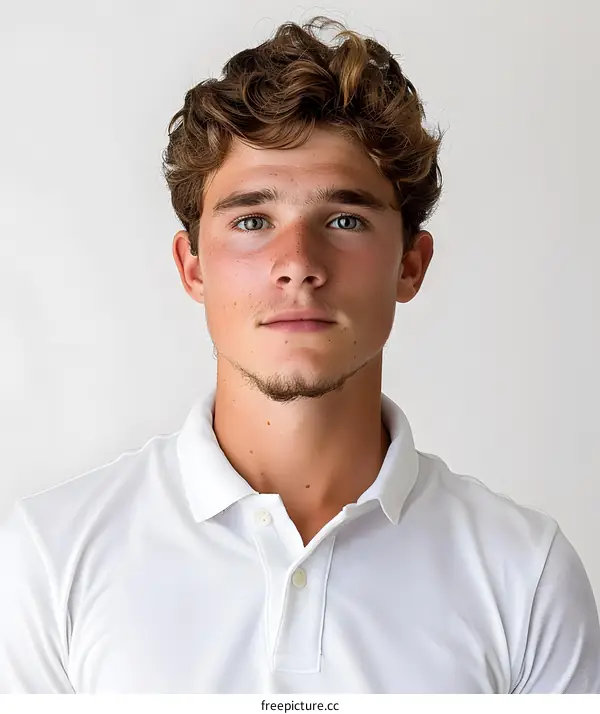 Portrait of a young man with freckles and green eyes wearing a white polo shirt