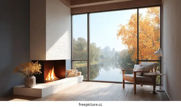 Modern Autumn Living Room Interior Design with Fireplace