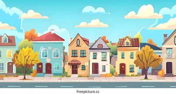 Cartoon Illustration of a Row of Houses on a Street