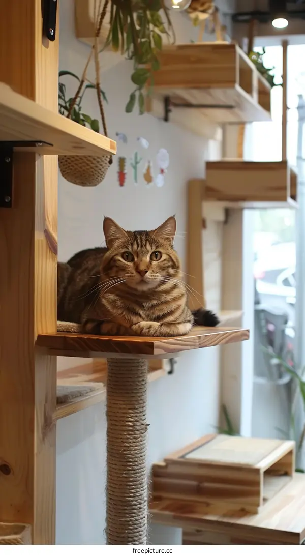 A ginger cat is sitting on a wooden cat tree looking at the camera