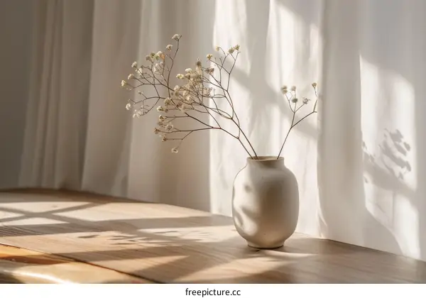 Dried Baby's Breath in a Ceramic Vase with Sunlight