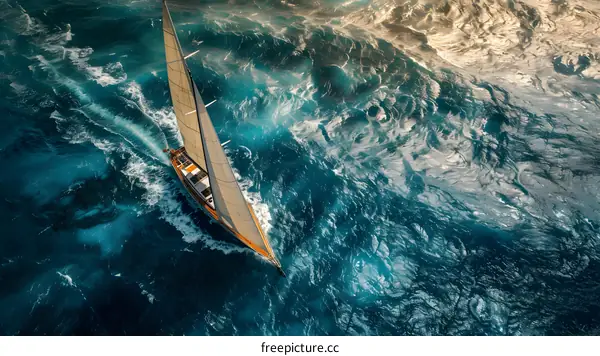 Sailing boat on rough sea from above
