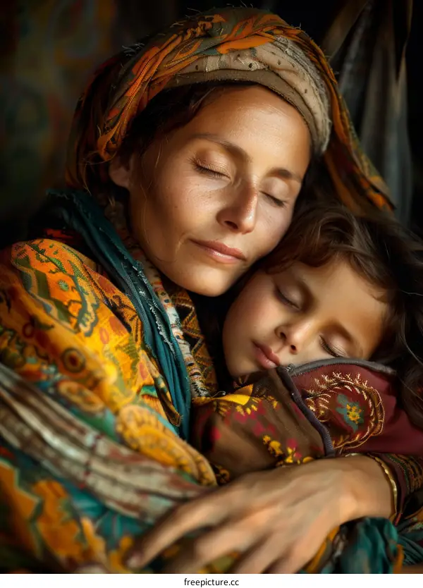 A mother and her child are sleeping in a tent.