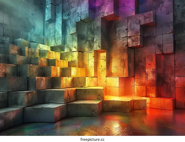 Colorful 3D Concrete Block Room Illustration