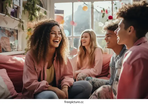 Four friends laughing and talking in a living room