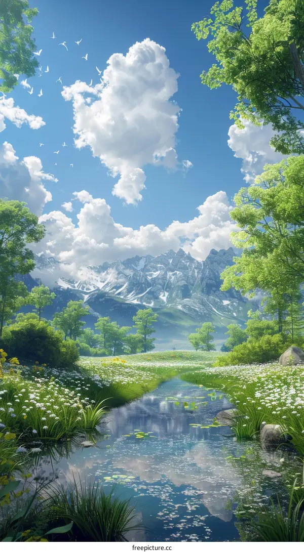 Beautiful Mountain Valley with a Stream and Flowers